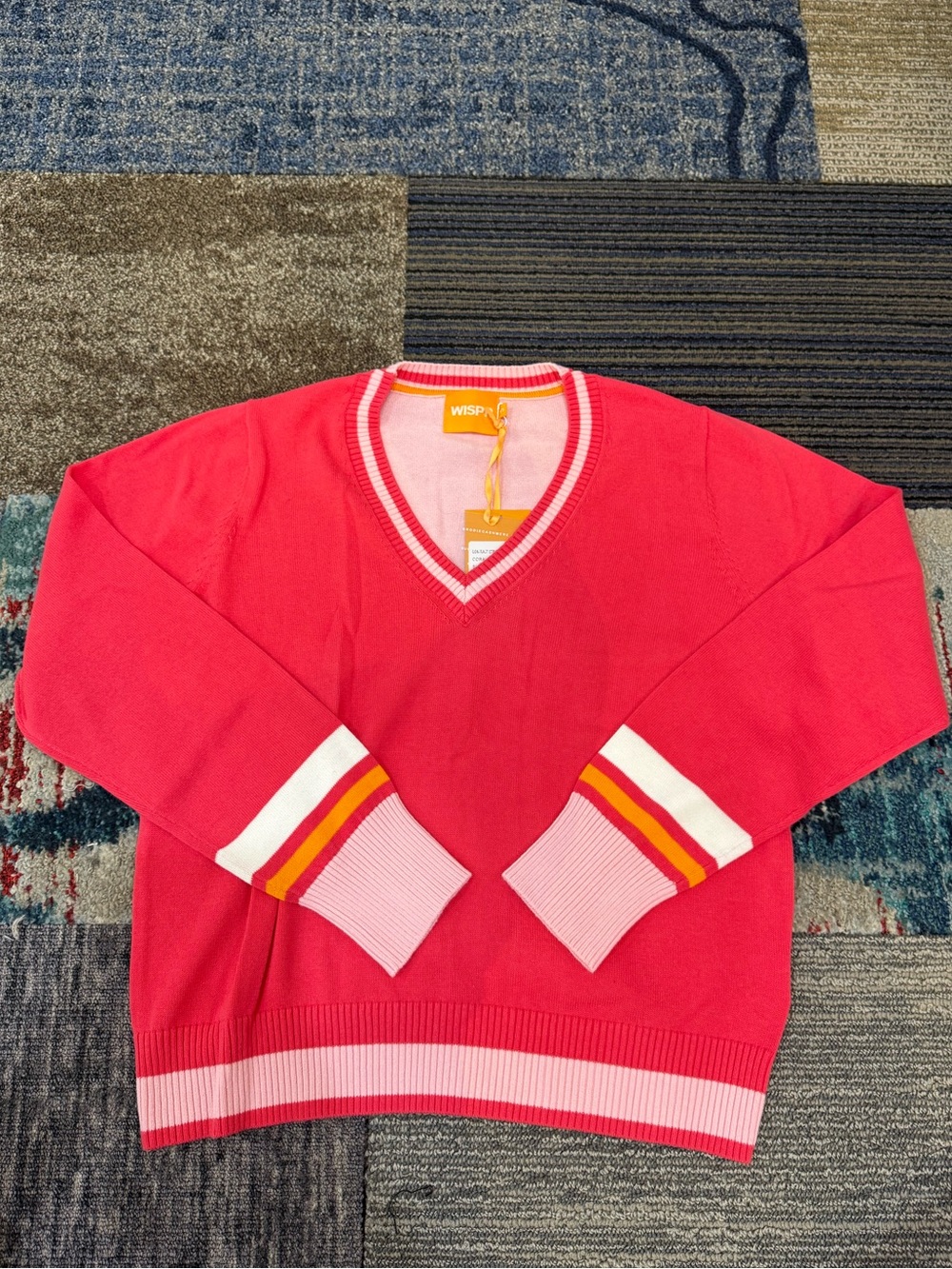 Brodie WSPR Cotton Pink and Red V-Neck Stripe Cuff Sweater